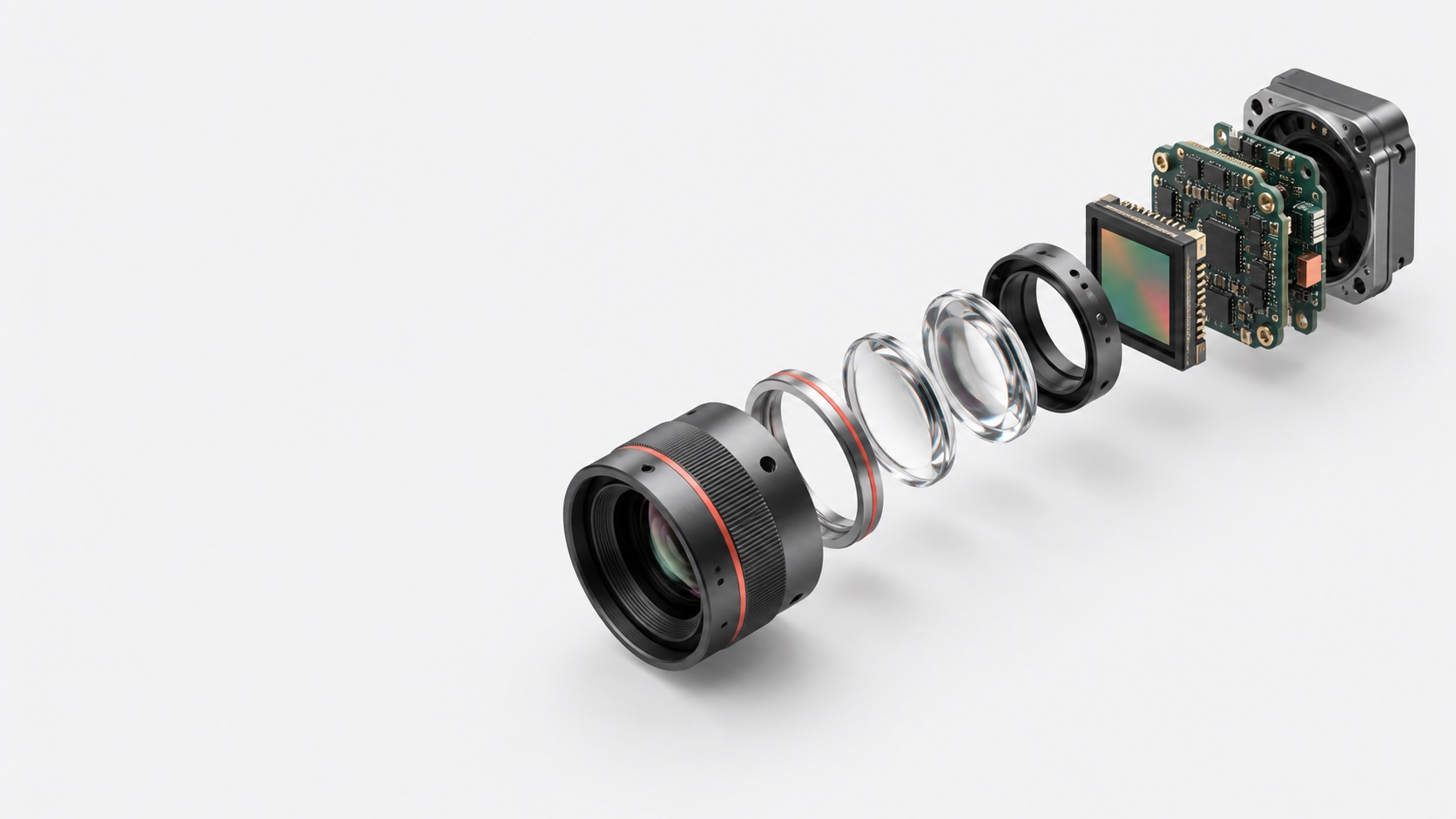 Conceptual exploded camera assembly showing optics, an image sensor, and electronics